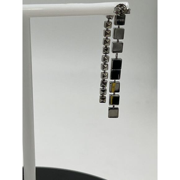 Diesel Designer Signed Stainless Steel Long Square Studded Dangle Earrings - Picture 13 of 15